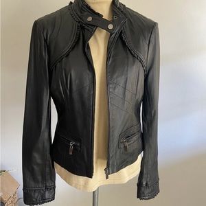 ❌SOLD❌ Black genuine leather ruffle leather biker moto cafe racer jacket